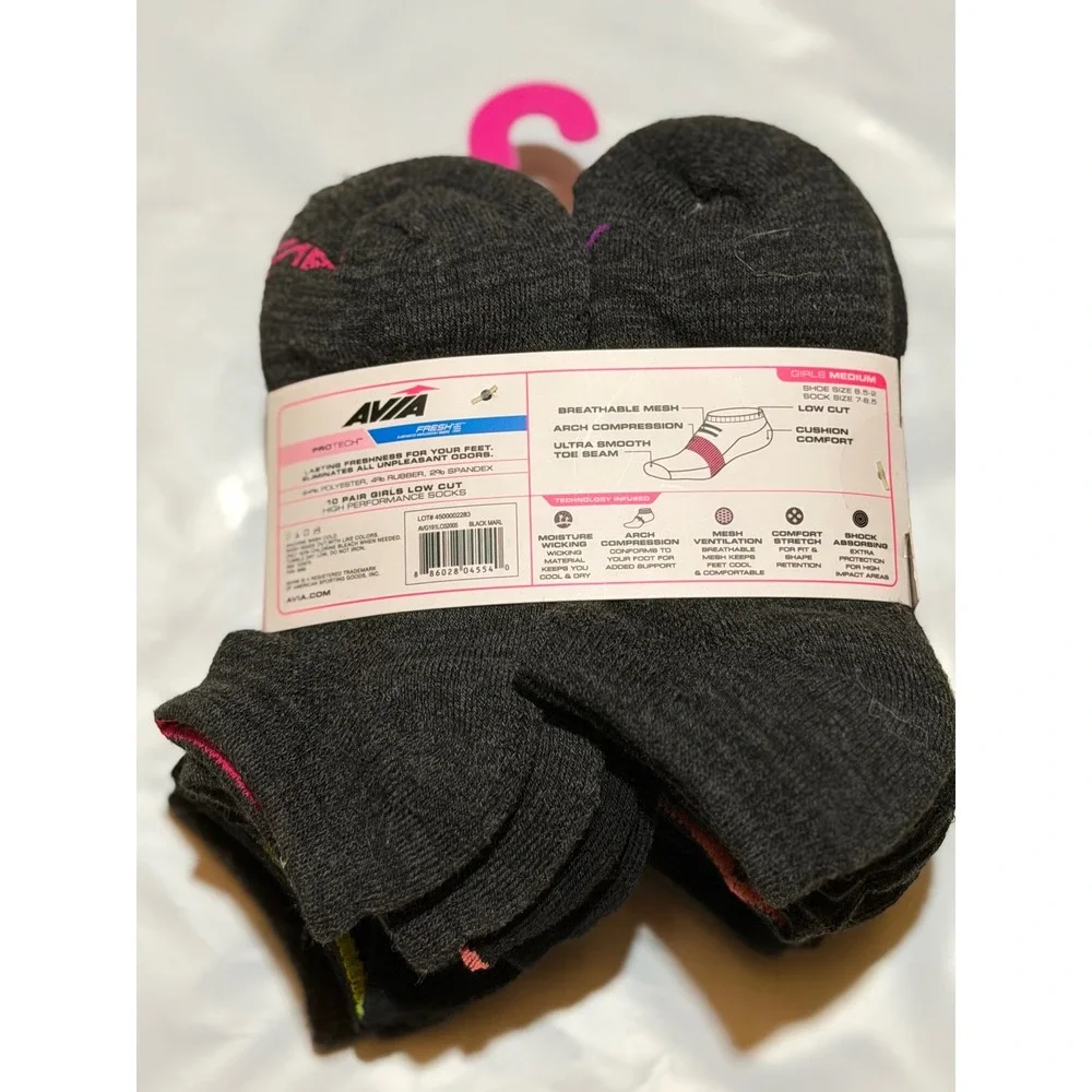Avia Girls Low Cut High Performance Socks 10 Pair Black Marl Medium 8.5-2 Girls